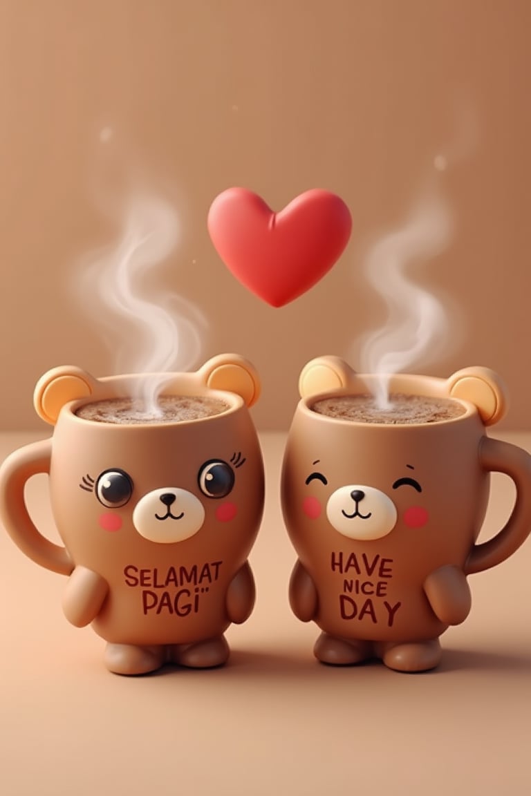 Cute 3D anime style scene, "Two cute teddy bear-shaped coffee cups side by side with happy expressions. The cup on the left has big round eyes and a smile, with the word 'SELAMAT PAGI'' written in red. The cup on the right has a smiley face with closed eyes, blushing cheeks, and the words 'HAVE A NICE DAY' written in red on both chocolate cups, filled with coffee, and steam rising from them, forming a delicate red heart shape, giving a pleasant morning mood