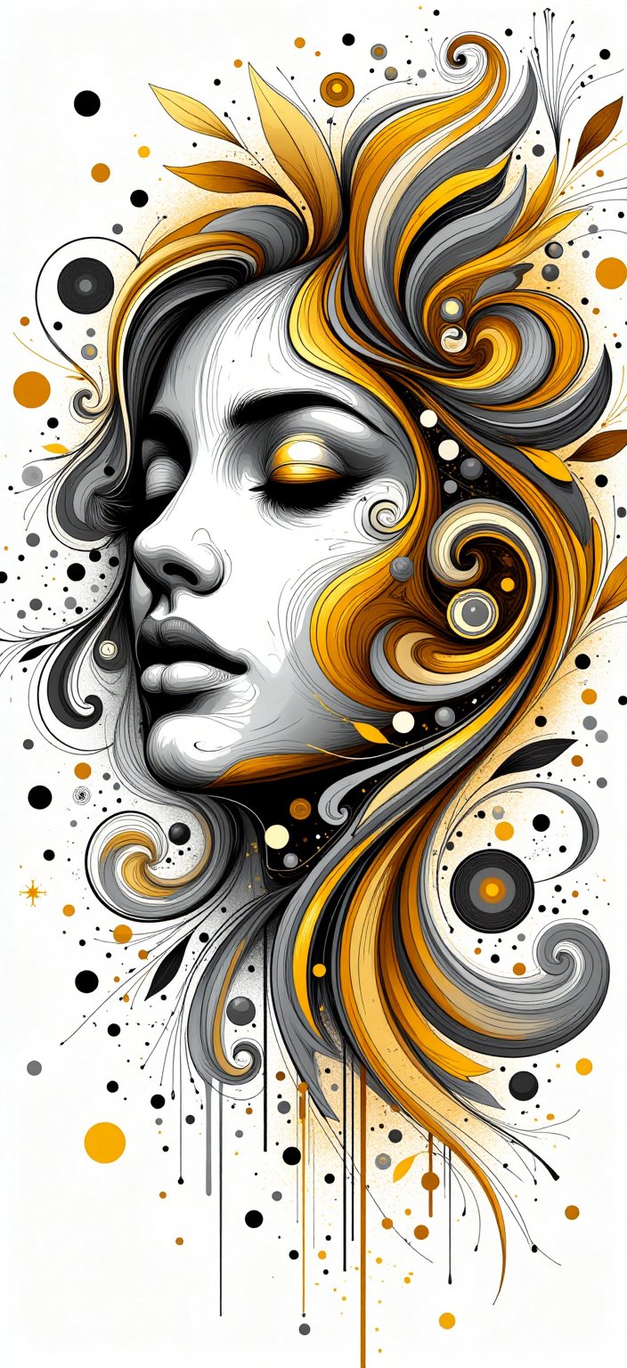 Vibrant,  intricately designed calligraphy style "black and white image of a Beautiful 20 year old Girl" shape in a dynami...