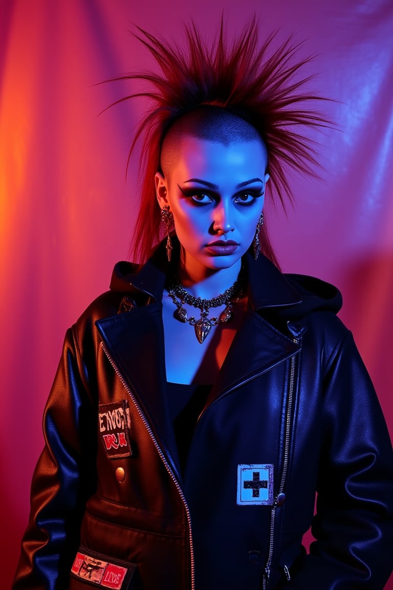 An outrageous mohawk on a shaved head, a beautiful face punk girl with extreme face makeup and a creepy coat, stands confidently. The scene is vibrant, with bold colors and dramatic lighting, capturing her bold fashion choices and the edgy atmosphere of the punk aesthetic.