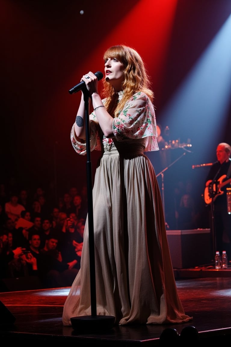 Florence Welch on stage, illuminated by dynamic stage lights, wearing a long, flowing skirt and a beautiful floral blouse. She passionately sings into a microphone, her eyes closed, lost in the music. The audience is visible in the background, captivated by her performance. The composition captures her in a powerful, expressive pose, with the stage decor and instruments adding to the vibrant atmosphere.