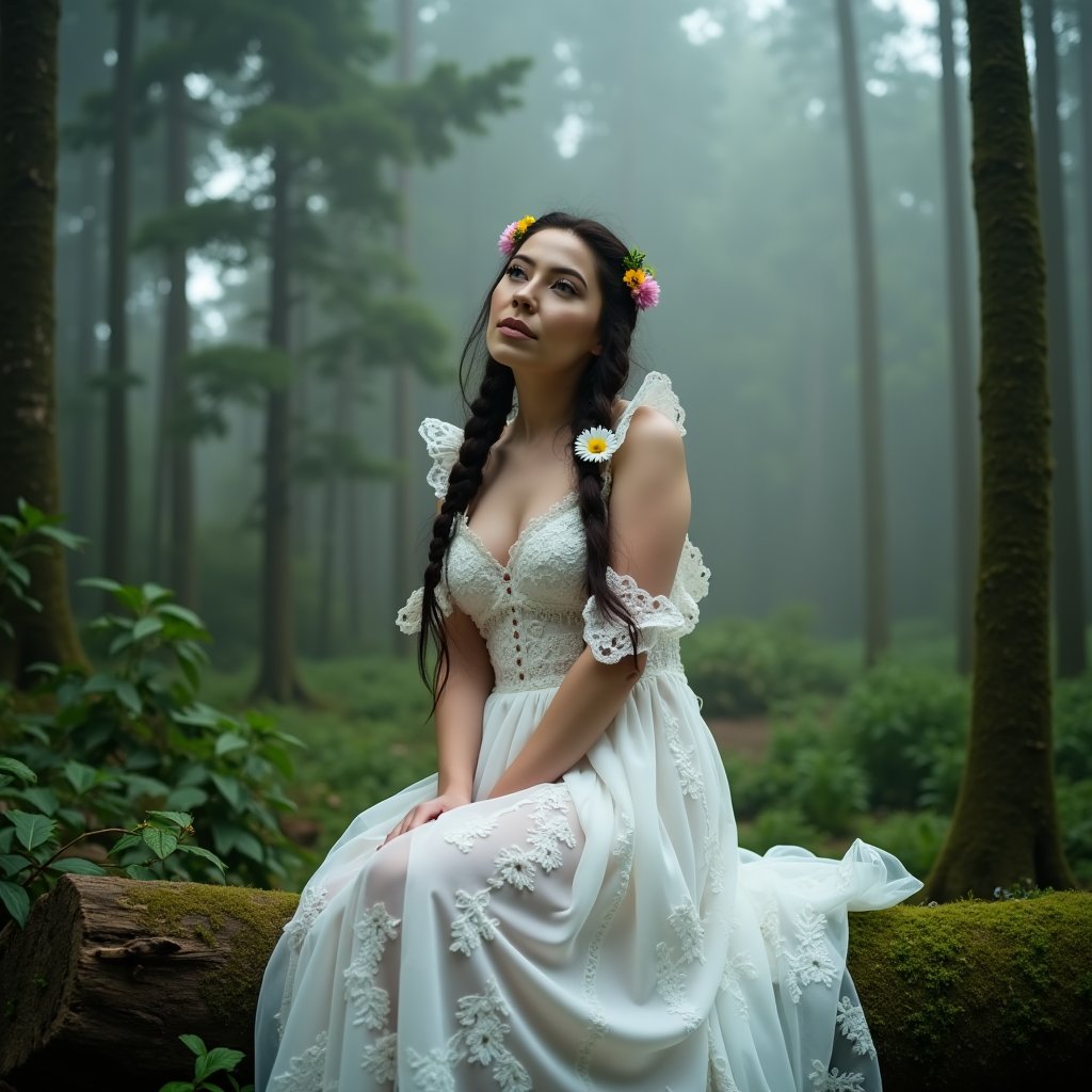 cinematic, masterpiece, ultra detailed textures and colors, 8k, a beautiful woman in a misty forest, where she sits on a moss-covered log, surrounded by tall trees. Dressed in an ethereal white lace gown, her hair is styled in a loose braid adorned with wildflowers. Use soft, diffused lighting to create a dreamy atmosphere, highlighting her gentle features with natural makeup. A soft-focus lens will capture the magical ambiance, evoking feelings of tranquility and connection to nature,bshp,bbriggs,bshbrs