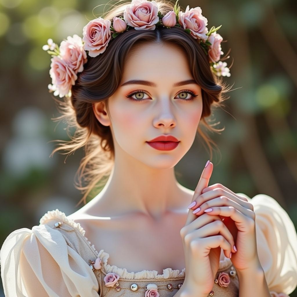 Open wide shot, full body shot, slightly side view, ultra-detailed masterpiece,  cinematic splendor on an 8K lens, a radiant young woman poses for the camera, she is wearing a white and pink lovely 1900s dress,, white and pink image, ultra detailed, ultra realistic, ultra defined textures.