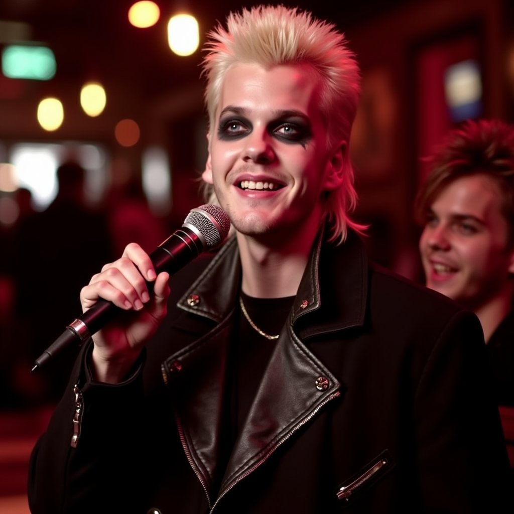 A funny photo of a vampire wearing a emo punk kid from the 2000s , blond hair, dramatic face makeup, singing a song with a microphone in a hard rock caffee, and just two people listening to him, we see him from the front and smiling, he's happy and aware he's not that great 