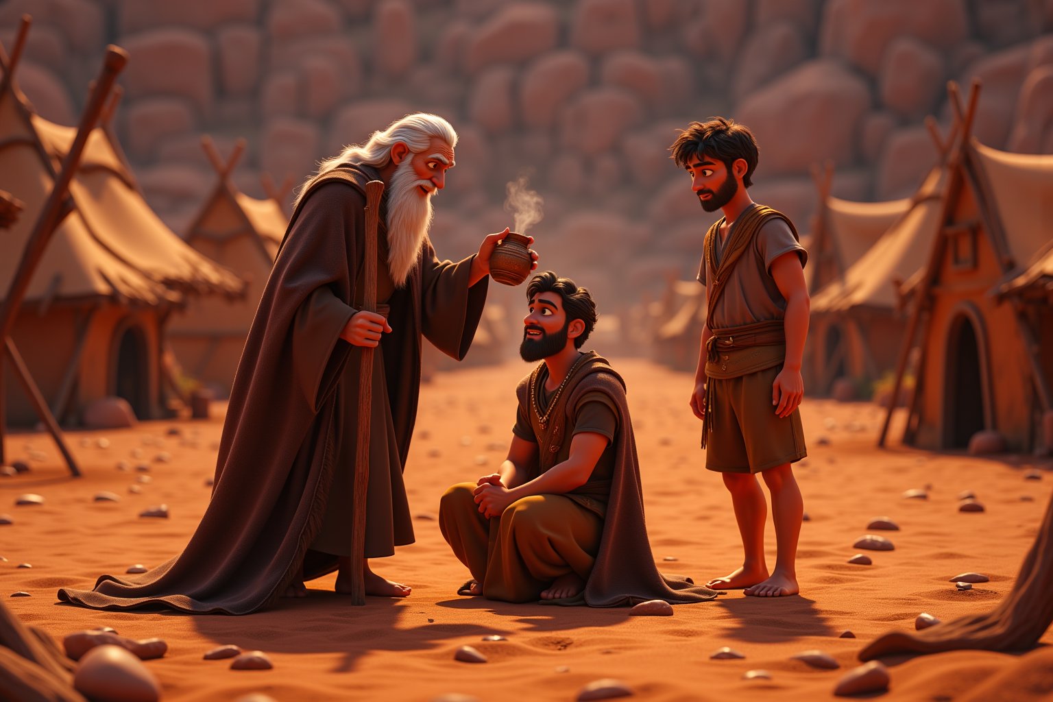 Style: Disney cartoon style, 8k, realistic lighting and shadows, vibrant colors, cinematic background, Pixar-like rendering style.
A highly detailed scene set in a vast, arid desert, where Prophet Samuel is performing the anointing ceremony for Talut. Samuel, an elderly man with a long white beard that reaches his chest, stands at the center of the scene. He wears a simple, long dark brown robe made of rough fabric, with a cloak of animal hair or wool draped over his shoulders. His posture is slightly bent. In his left hand, he holds a tall wooden staff, and with his right hand, he pours sacred oil from an ancient, traditional vessel belonging to that time period onto Talut's head.

Talut, a man around 35 years old, with a strong and muscular physique, stands at about 190 cm tall. His face is sharp and defined, with a square jaw, deep brown eyes reflecting both wisdom and a strong will. His short, wavy brown hair and neatly trimmed beard give him a noble yet accessible appearance. He kneels before Samuel, wearing a simple earthy-toned garment and a royal cloak, symbolizing his greatness. Around them are scattered old, tattered tents in the desert, with the wind blowing sands across the scene. The dusty and dim sky enhances the sacredness and grandeur of this moment.