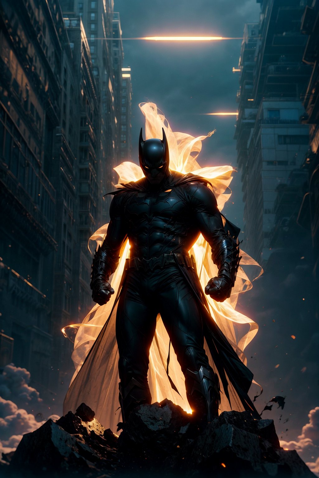 “Generate a tensor art version of Batman. Focus on his silhouette with sharp, angular lines. Highlight his cape with flowing, geometric shapes. Use dark tones—black, grey, and subtle blues. Include a minimalist Gotham skyline in the background with simple, abstract shapes. The bat symbol on his chest should stand out with clean lines. Use light and shadow contrast to add depth.”