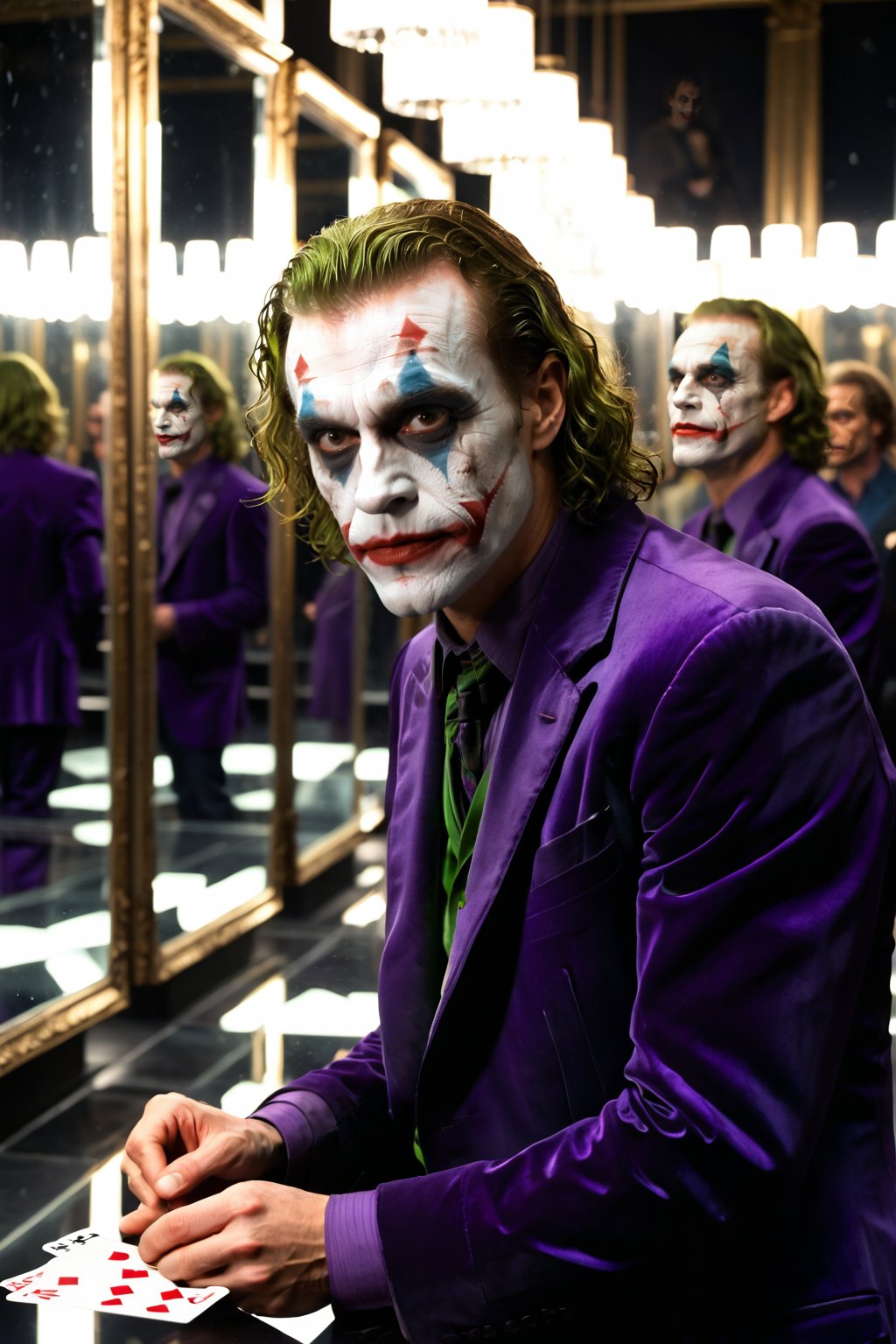 	“Joker and his house of mirrors”: Picture the Joker inside a dimly lit hall of mirrors, his reflection multiplied infinitely around him. Each reflection distorts his maniacal laugh, and in his hand, he holds a cracked mirror with his iconic playing card tucked inside. The shattered reflections and warped glass create an eerie and chaotic composition, blending his grin with the madness of the environment.