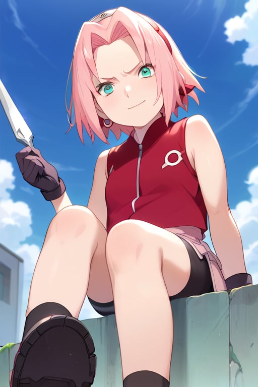 score_9,score_8_up,source_anime,(score_7_up:0.8),(score_6_up:0.8),source_anime,official art,highres,BREAK,masterpiece, 1girl, sitting, smirk, haruno sakura, pink hair, short hair, green eyes, sleeveless, red shirt, bike shorts, shorts, black gloves, black socks, soles, foot_focus,  ,looking_at_viewer,femdom, symmetrical, low_angle shot,BREAK, anime screencap, anime coloring