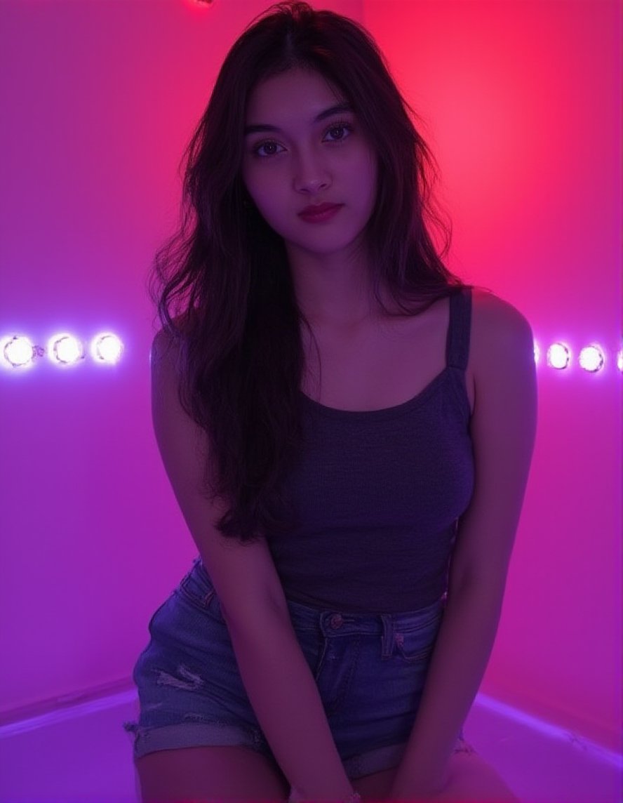 medium-close-up photo of a 20yo indonesian girl, gabyrose, sitting in a vividly colored setting. notnot's upper body. The background is dominated by striking purple and red hues, enhanced by LED lights that add a dramatic and modern effect. The woman is dressed in trendy attire, with her hair beautifully flowing, and she looks at the camera with a confident expression. the LED lights adding a futuristic touch to the overall image.