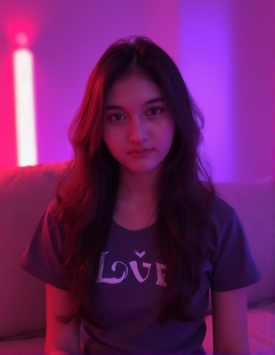 medium-close-up photo of a 20yo indonesian girl, gabyrose, sitting in a vividly colored setting. notnot's upper body. The background is dominated by striking purple and red hues, enhanced by LED lights that add a dramatic and modern effect. The woman is dressed in trendy attire, with her hair beautifully flowing, and she looks at the camera with a confident expression. the LED lights adding a futuristic touch to the overall image.