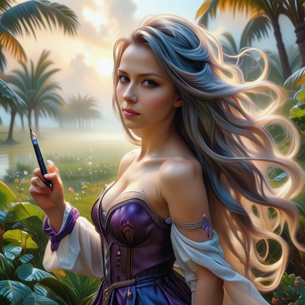 Airbrushing (Beautiful mystical allure) long swirling hair, smart, environment, Using airbrushing for art, often for smooth gradients, spray effects, or automotive art,1 girl,anime