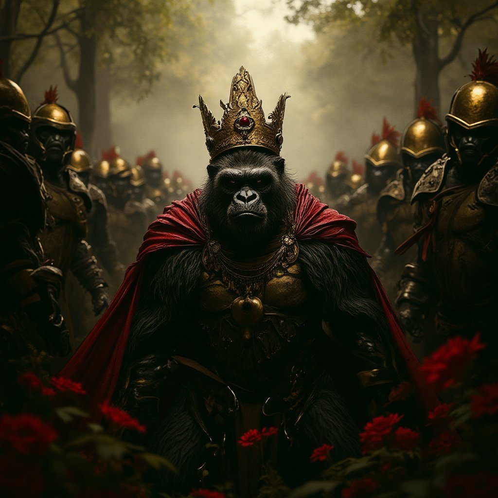 A regal gorilla, resplendent in a lavish gold crown, dominates the frame from a low angle. Surrounded by a phalanx of bodyguards, the monarch's grandeur is amplified by harsh overhead lighting, casting dramatic shadows on the jungle terrain. The central gorilla's eyes gleam with authority as it surveys its kingdom, flanked by loyal subjects in a scene reminiscent of Assassins' Creed-inspired grandeur.,assassinkahb style