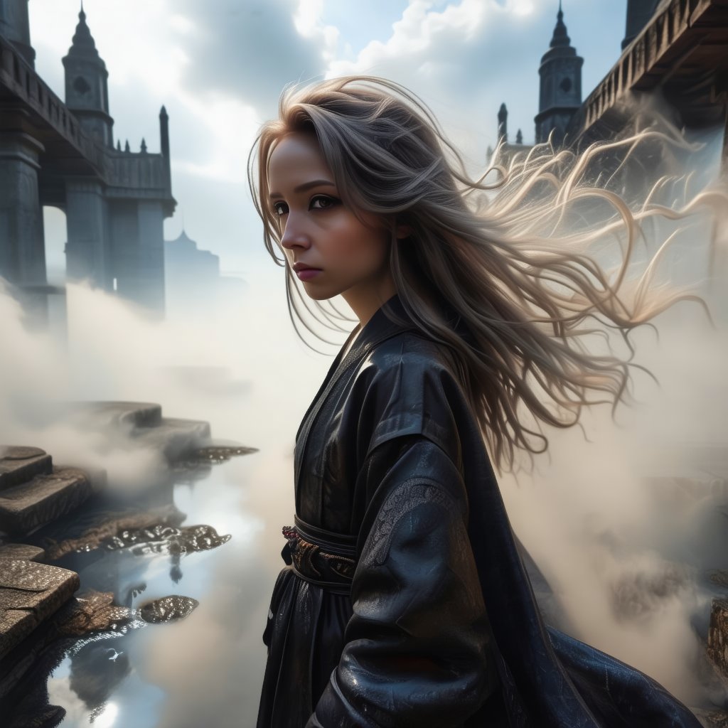 A mysterious anime heroine poses amidst a surrealistic environment, her long, swirling hair blowing in the wind like wispy clouds. The air is thick with an otherworldly aura as she gazes into the distance, her piercing eyes radiating an enigmatic beauty. Airbrushed misty gradients and subtle spray effects envelop her, blending seamlessly into the mystical surroundings.