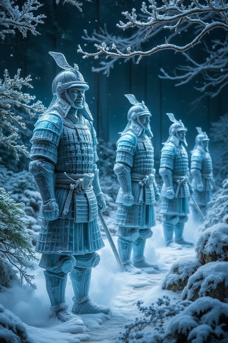 In a serene,  frosty garden setting,  intricately crafted frozen glass terracotta SAMURAI stand at attention. Delicate by...
