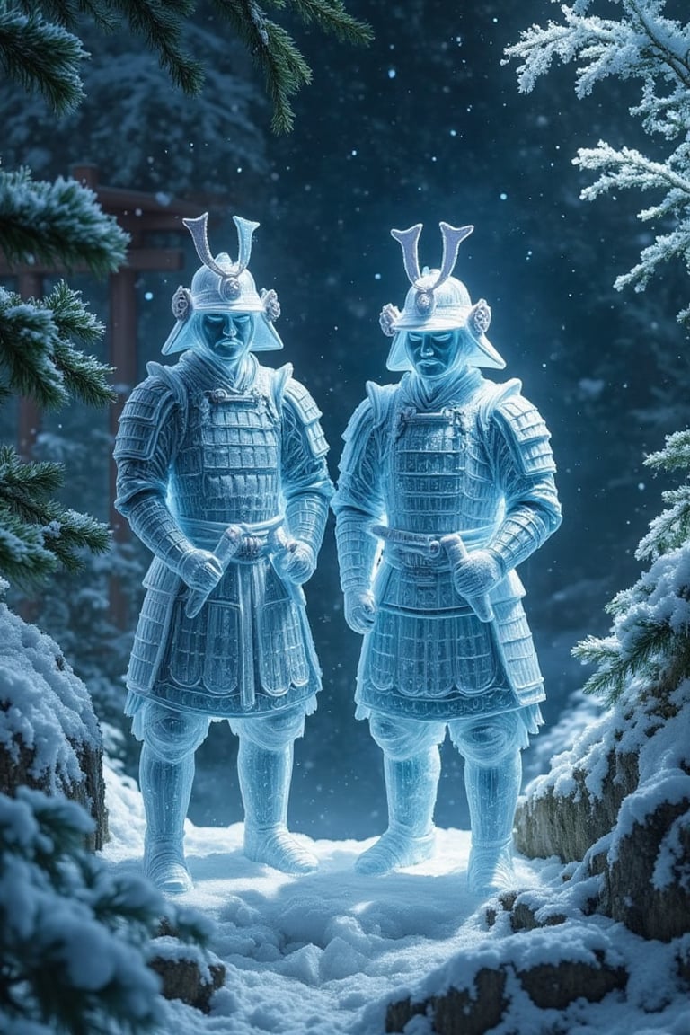In a serene,  frosty garden setting,  intricately crafted frozen glass terracotta SAMURAI stand at attention. Delicate by...