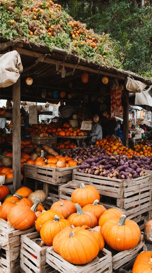 {
  "prompt": "A cozy outdoor market stall displaying a variety of autumnal produce, including pumpkins, sweet potatoes, and chestnuts. The wooden stall is decorated with rustic touches like burlap sacks and wooden crates, giving it a warm, seasonal atmosphere. The produce is neatly arranged in baskets and crates, with pumpkins of various sizes, deep purple sweet potatoes, and shiny brown chestnuts catching the sunlight. The scene evokes a feeling of harvest time and a bustling marketplace, with a soft autumn light filtering through the trees in the background.",
  "style": "realistic and warm",
  "resolution": "high-resolution",
  "lighting": "soft autumn sunlight",
  "color_palette": "earthy tones with orange, brown, and green highlights",
  "aspect_ratio": "16:9"
}
