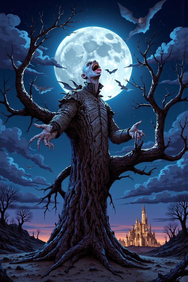 Beetlejuice, moon, no_humans, tongue, sky, night, teeth, cloud, full_moon, desert, open_mouth, tree, bat_(animal), night_sky, fangs, castle, monster,  outdoors, tongue_out