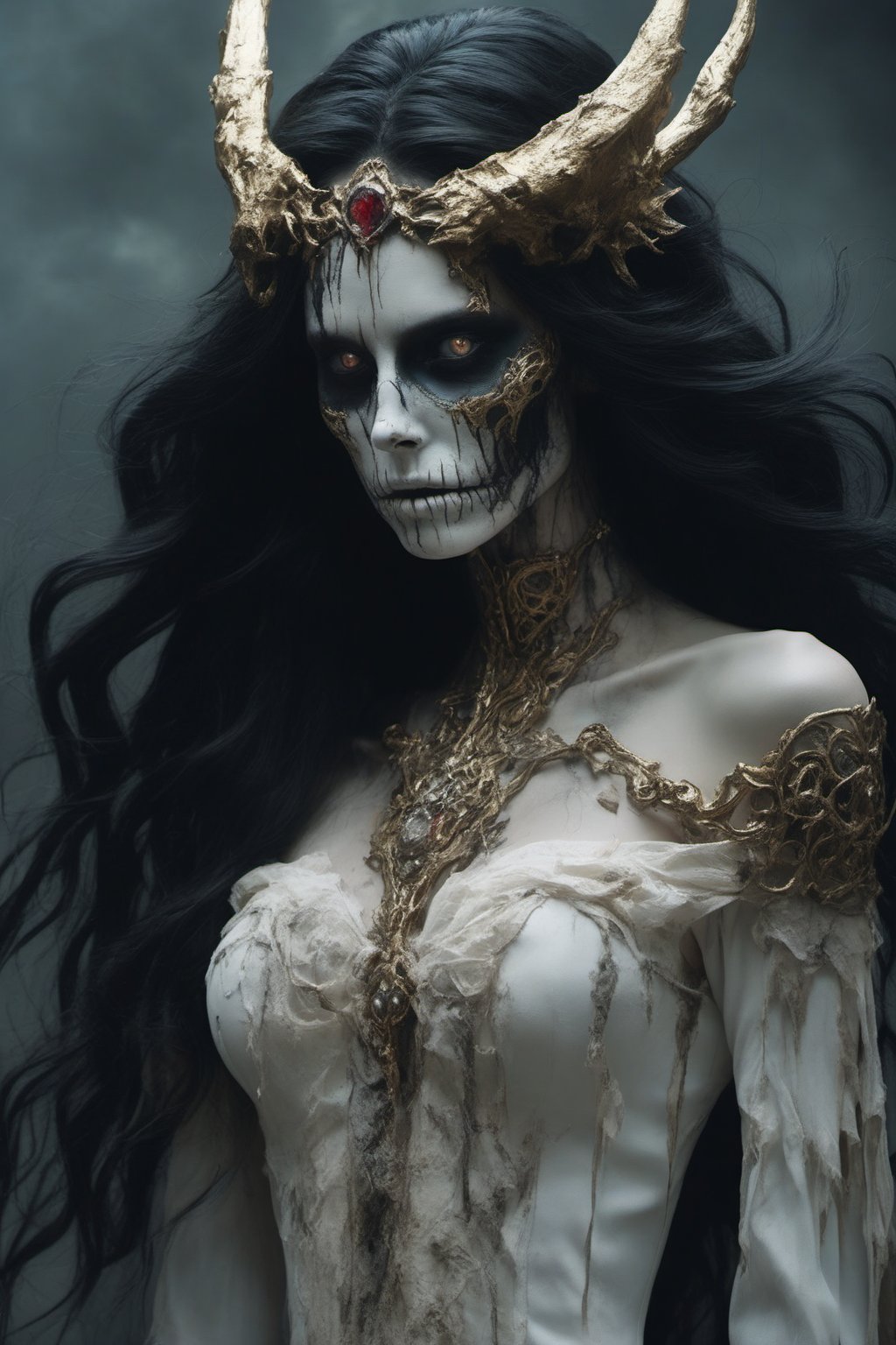 "A terrifying and eerie portrayal of Albedo as a zombie, her once stunning beauty now decayed and terrifying. Her long black hair is tattered and matted, hanging loosely over her damaged ivory horns. Her once elegant white dress is torn and stained, revealing decayed flesh and exposed bones. Her golden eyes now glow with a faint, haunting light, and her once graceful wings are ragged and skeletal. The background is a desolate, ruined landscape with dark clouds and eerie mist swirling around her, evoking a haunting, undead atmosphere."