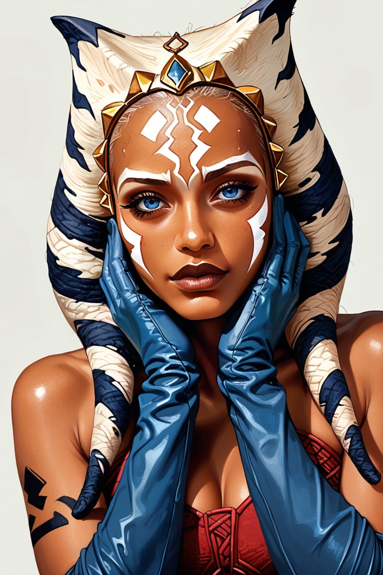 Ahsoka Tano, 1girl, solo, hands_on_own_face, dark_skin, blue_eyes, lips, dark-skinned_female, gloves, braid, hands_on_own_cheeks, looking_at_viewer, long_hair, dreadlocks, tattoo, facial_mark
,score_9, score_8_up, score_7_up, source_anime,