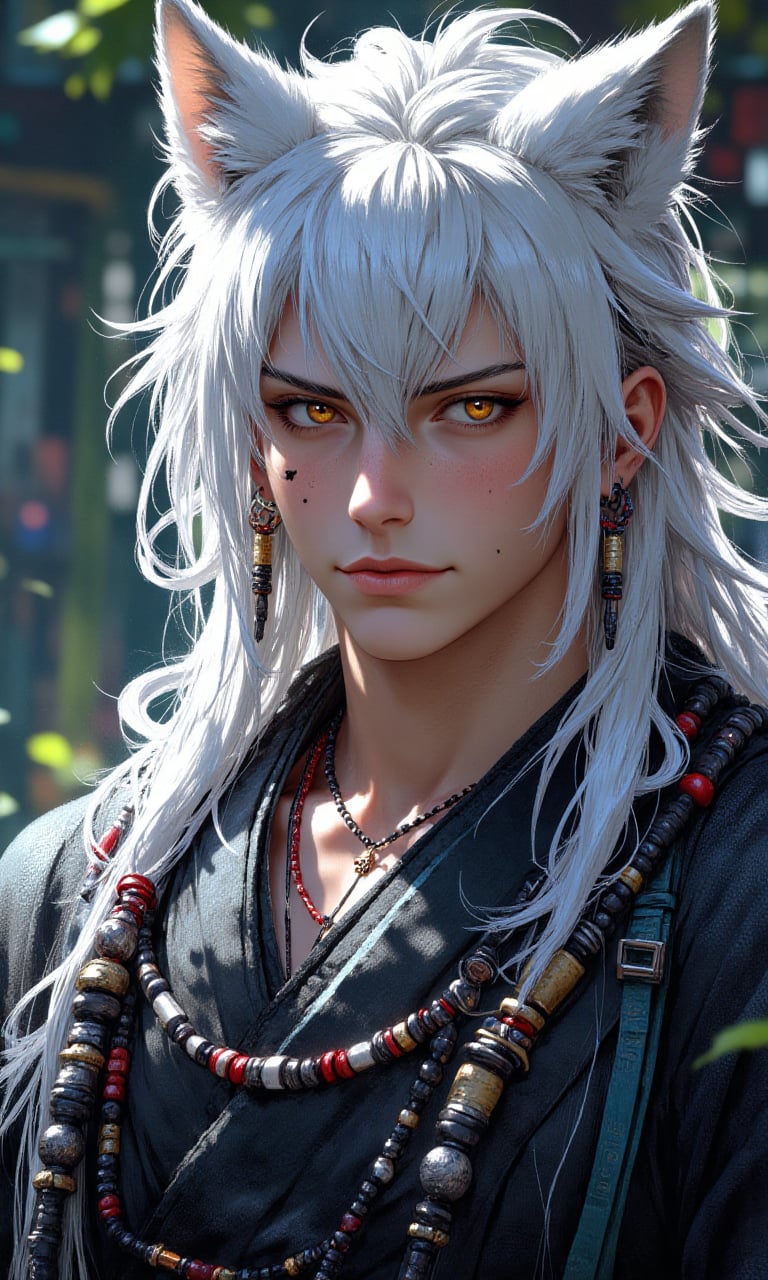 1boy, animal_ears, male_focus, long_hair, jewelry, white_hair, looking_at_viewer, beads, animal, upper_body, necklace, yellow_eyes, bead_necklace, wolf, closed_mouth, earrings, japanese_clothes, hair_between_eyes, solo, bangs (8K High Resolution), (Ultra High Resolution 3840 x 2160), (Ultimate Subjective), (12K Ultra High Resolution Wallpaper 8k)