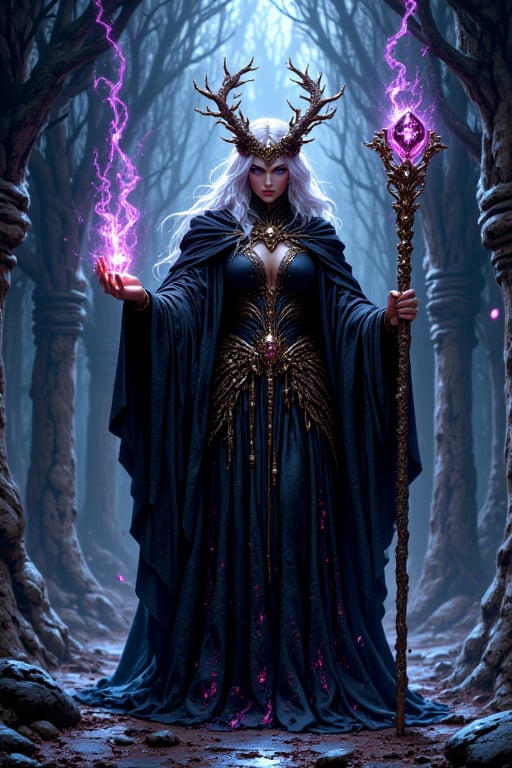  8K UHD digital painting, Nyxara, the shadow sorceress, stands triumphant in a realm shrouded in darkness. Her obsidian robes ripple like liquid night in the dimly lit, ethereal atmosphere. A crown of twisted thorns rests upon her head, while her staff, topped with a glowing crystal, pulses with arcane energy. The air around her crackles with dark magic, as spectral shadows swirl at her feet. Nyxara's fierce pose embodies her command over the night, with silver hair cascading like wisps of smoke. The ground beneath her feet, covered in shimmering stardust, hints at the power she wields, ready to unleash chaos upon her foes.