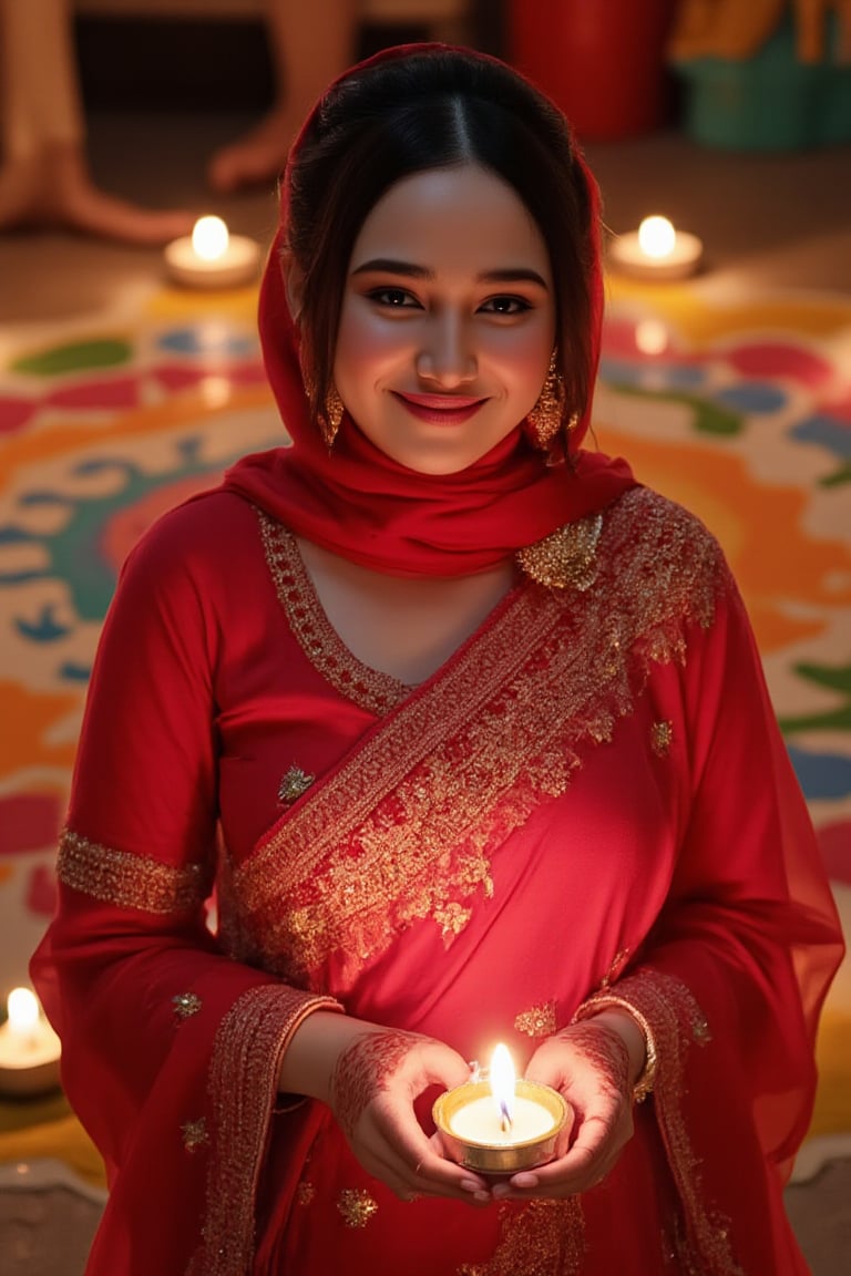 A hyperrealistic photograph of a beautiful Asian Malay woman wearing a red sari with intricate gold embroidery and a matching red hijab with an inner layer, standing in the warm glow of an oil lamp on the night of Diwali. Her bright smile radiates warmth, as she stands with hands cupped around her face,. She is surrounded by a vibrant, colorful rangoli design on the ground behind her, with small candles glowing all around, enhancing the festive atmosphere. Her hands are adorned with detailed mehendi (henna art), and she wears glittering gold jewelry, including large earrings that reflect the soft light. Her dark-toned skin glows with the interplay of light and shadow, creating a mystical, romantic ambiance