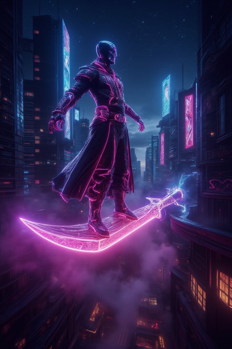 A warrior with a glowing neon wireframe flying crystal sword rides through a futuristic cityscape at midnight. The scene is captured from a low-angle shot, highlighting the luminescent patterns on the sword. Neon lights create vibrant reflections on the warrior's armor, with light trails emphasizing the speed of flight. The background features towering skyscrapers and holographic billboards, all blurred to accentuate the warrior's movement. The starry night sky enhances the overall cyberpunk atmosphere.,Neonwireframe,ridingsword,Crystal Sword