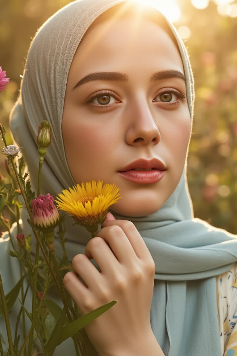 lens flare, sun flare, close-up on ct-visual the young woman's face behind the foliage and flowers, bathed in warm, Rembrandt-like lighting that highlights every detail, including subtle blemishes. Eyes gaze effortlessly into distance, styled in pastel hijab and light blue scarf. Soft studio lights wrap around figure, accentuating tender curves against serene garden backdrop, where delicate flowers adorn feet. Pose between blooming flowers and lush foliage, with a single flower gently grasped by her hand, as gentle warmth casts a whimsical elegance on the cinematic portrait.,Perfect Eyes,Detailed skin,Skin blemish,