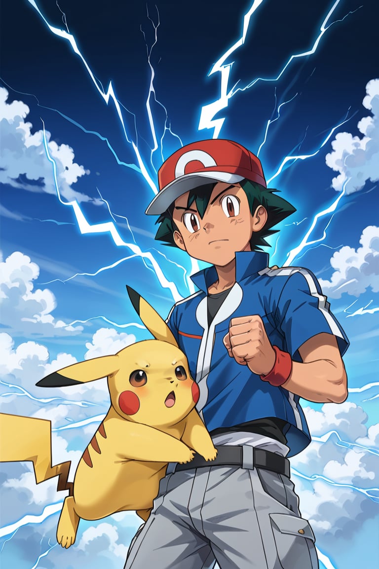 1boy, 1solo, ash ketchum, black hair, brown eyes, hair between eyes, baseball_cap, open blue jacket, black shirt, grey short sleeves, grey male pants, handsome boy, macho, good looking boy, sexy poses, standing, hand_on_waist, effect thunderelectric aura, wearing electricity, lots of lightning effects throughout, wind, looking at viewer, wallpaper, pikachu on his shoulder, raise fist, hand_in_pocket, badass look