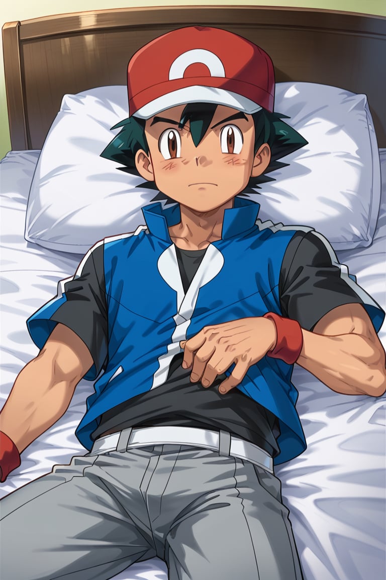 1boy, 1solo, ash ketchum, black hair, brown eyes, hair between eyes, baseball_cap, open blue jacket, black shirt, grey short sleeves, grey male pants, handsome boy, macho, good looking boy, muscular boy, sexy poses, blushing, looking_at_viewer, laying_in_bed