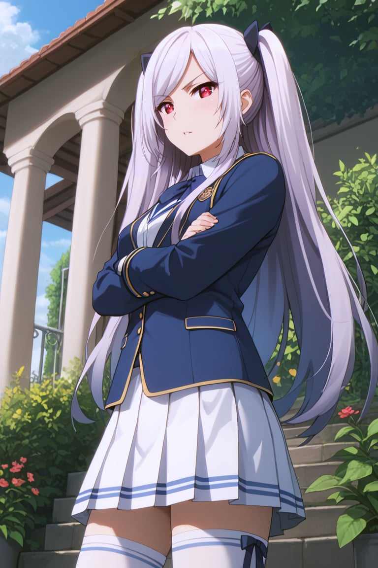 score_9, score_8_up, score_7_up, source_anime, masterpiece, best quality, high-res, detailed body, perfect anatomy, BREAK, 1girl, solo, alexia midgar, gray_hair, long_hair, twintails, hair_ribbon, red_eyes, school_uniform, shirt, ((blue_jacket)), blue_vest, pleated skirt, (white_skirt), white_thighhighs, boots, zettai ryouiki, mature face, slim body, serious_looking, frown, blush, pouty, :(, standing, crossed arms, cowboy shot, from below, side view, outdoor, day, garden