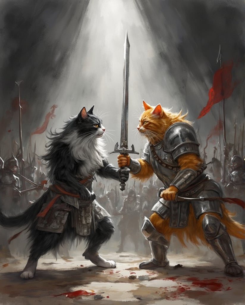 A sharp light bathes a dreary scene, where a long haired black and white cat warrior fighting a orange hire cat with sword and claw, donning a high tier suits of armor. The cats intense fighting is capture in a dark and bloody tone, a battle army in background,Watercolor style