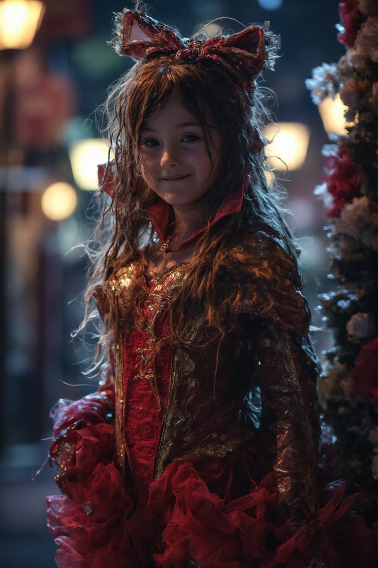 A stunning young girl, in a sailormoon costume with intricate detailing, stands confidently on a dark street corner, street lights in back ground. The scene is illuminated by flickering light from the street lamps. Her expression playful.,Halloween