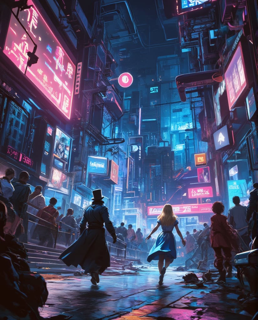 a futuristic madhatter chasing an cybernetic Alice, through a metallic maze,anime,cyberpunk