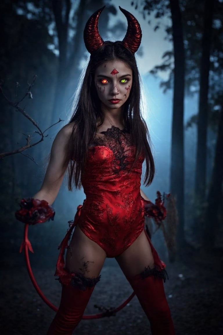 A stunning young girl in a form-fitting red devil costume. female hands, Back side,