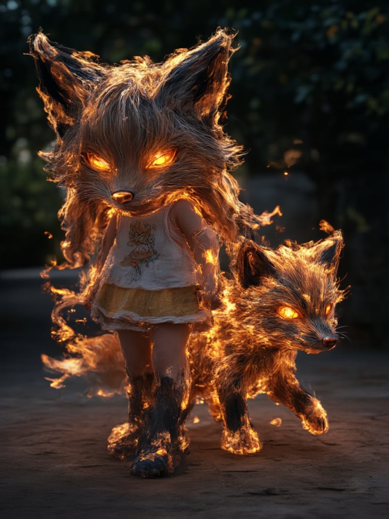 8k hd, best quality, high resolution, high definition, excellent quality, cute girl waking at night being followed by a fiery fox, smallfireanimal