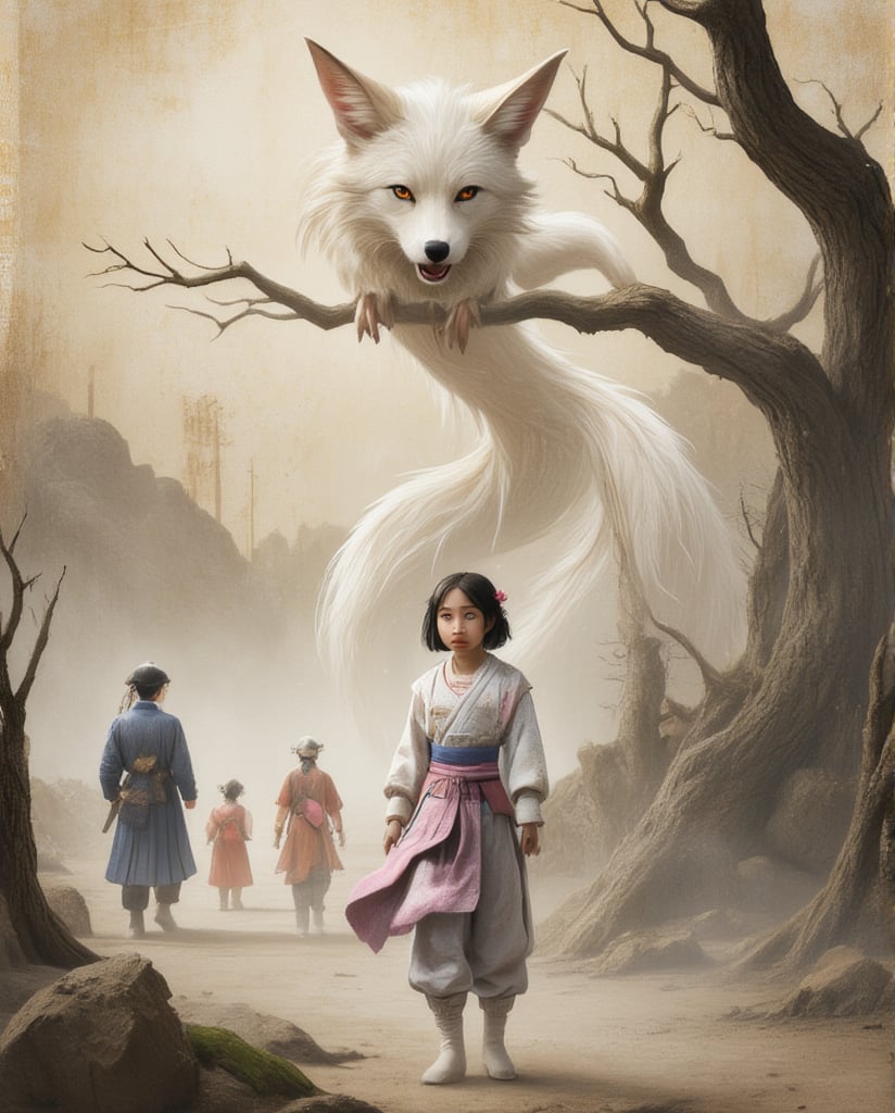 Young girl transformed into a nine tail fox of legend.
grand Korean mountain in back ground