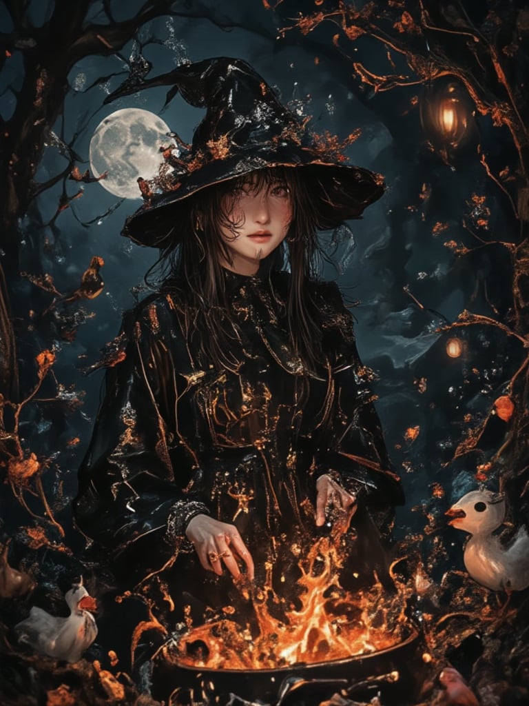 A young black and white long hair witch, brewing, a tub of sloop, and a duck forest lit by the moon behind and the light of the fire in the for ground, her face is illuminated by flickering fire light.,HyperRealistic Amiya Arknights Niji, weird doodle every where