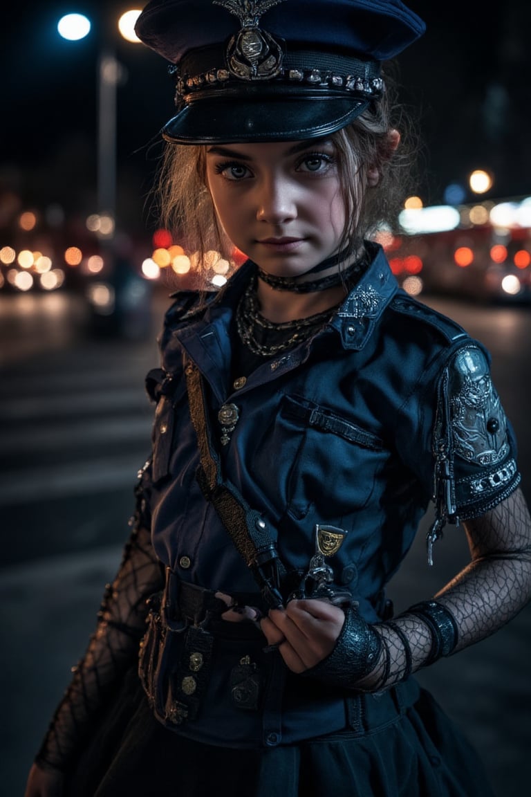 A stunning young girl, in a police costume with intricate detailing, stands confidently on a dark street corner, street lights in back ground. The scene is illuminated by flickering light from the street lamps. Her expression playful.,Halloween