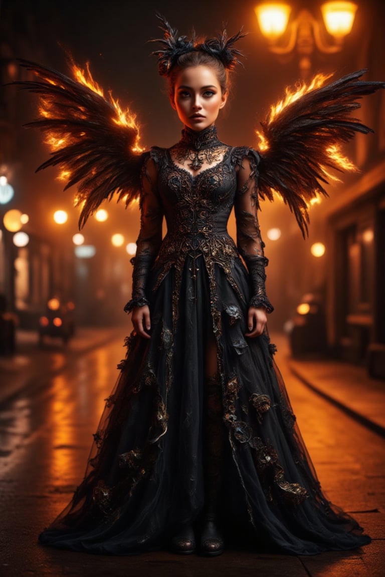 A young girl, in a black dress goth costume with intricate detailing, firey wing spread from her back, stands confidently on a dark street corner, street lights in back ground. The scene is illuminated by flickering light from the street lamps. Her expression playful.,Halloween,flamewingsXthejaa