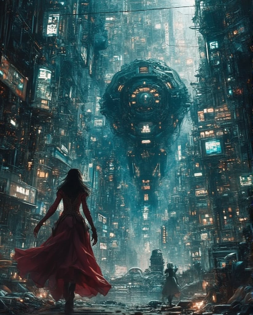 a futuristic madhatter chasing an cybernetic Alice, through a metallic maze,anime,cyberpunk