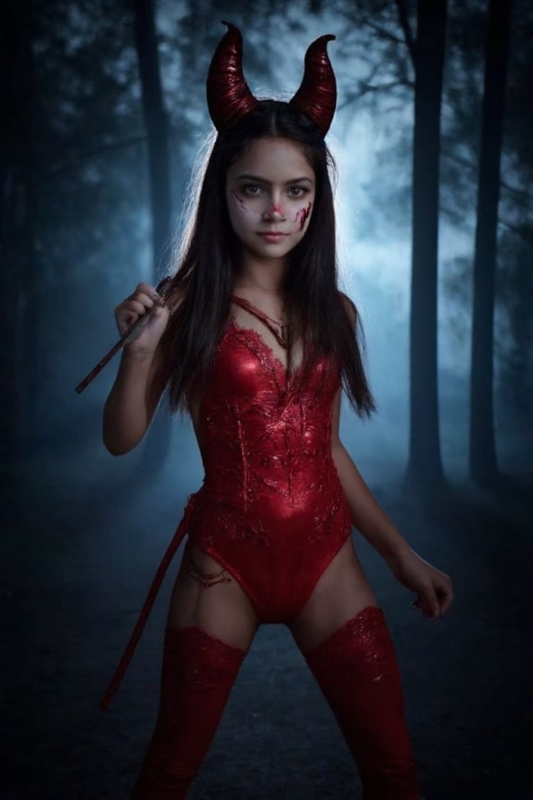 A stunning young girl, teenager, in a form-fitting red devil costume with intricate detailing, including horns and a tail, stands confidently in a dark, eerie forest. Her face is adorned with Halloween face paint, featuring sharp, dramatic lines and glowing eyes. The scene is illuminated by a mix of moonlight and eerie, flickering light, casting long shadows. She holds a pitchfork in one hand, her expression playful yet menacing. The composition frames her from the waist up, focusing on her costume and face paint, with the forest background adding to the spooky atmosphere. female hands in closed fist.