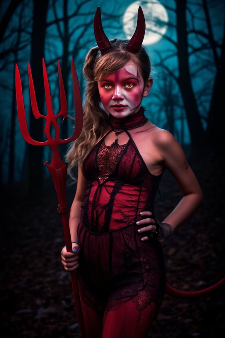 A stunning young girl in a form-fitting red devil costume with intricate detailing, including horns and a tail, stands confidently in a dark, eerie forest. Her face is adorned with Halloween face paint, featuring sharp, dramatic lines and glowing eyes. The scene is illuminated by a mix of moonlight and eerie, flickering light, casting long shadows. She holds a pitchfork in one hand, her expression playful yet menacing. The composition frames her from the waist up, focusing on her costume and face paint, with the forest background adding to the spooky atmosphere.