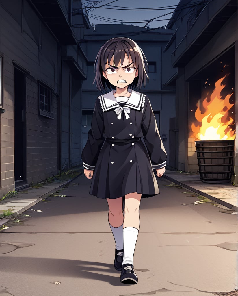 Young girl walking through a dark ally, angry, a shape a a man on fire in the background.
FC-Face_01