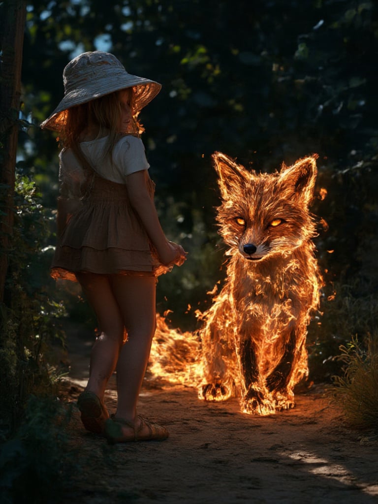 8k hd, best quality, high resolution, high definition, excellent quality, cute girl waking at night, girl being followed by a fiery fox, smallfireanimal