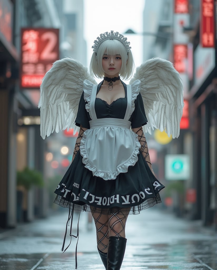 angel_chan walking with an cybernetic maid, walking along a down town area is the 1050s