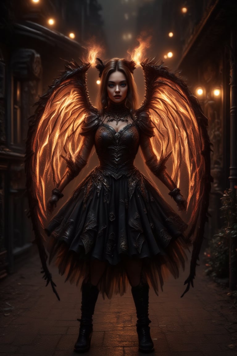 A young girl, in a black dress goth costume with intricate detailing, firey wing spread from her back, stands confidently on a dark street corner, street lights in back ground. The scene is illuminated by flickering light from the street lamps. Her expression playful.,Halloween,flamewingsXthejaa