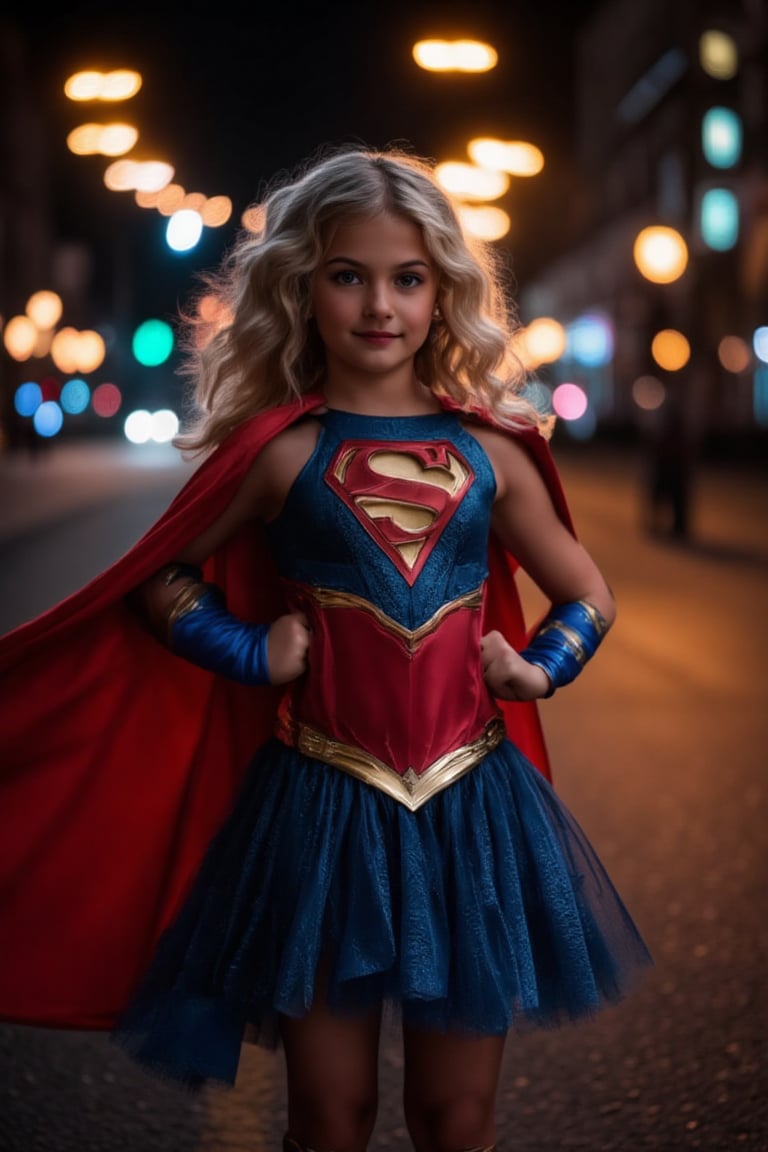 A stunning young girl, in a supergirl costume with intricate detailing, including red cape flowing behind, stands confidently on a dark street, street lights in back ground. The scene is illuminated by flickering light from the street lamps. Her expression playful.,Halloween