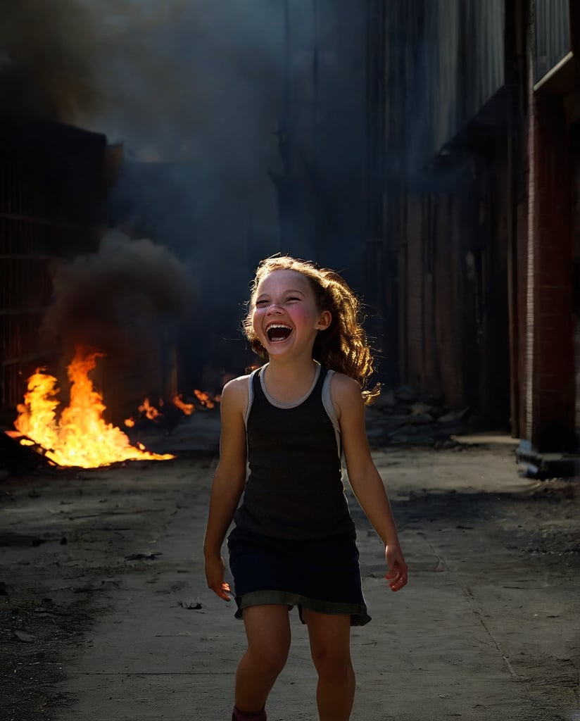 Young girl walking through a dark ally, laughing, hugh fire in the background.
FC-Face_01