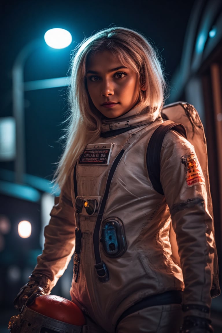 A stunning young girl, in a astronaut costume with intricate detailing, stands confidently on a dark street corner, street lights in back ground. The scene is illuminated by flickering light from the street lamps. Her expression playful.,Halloween