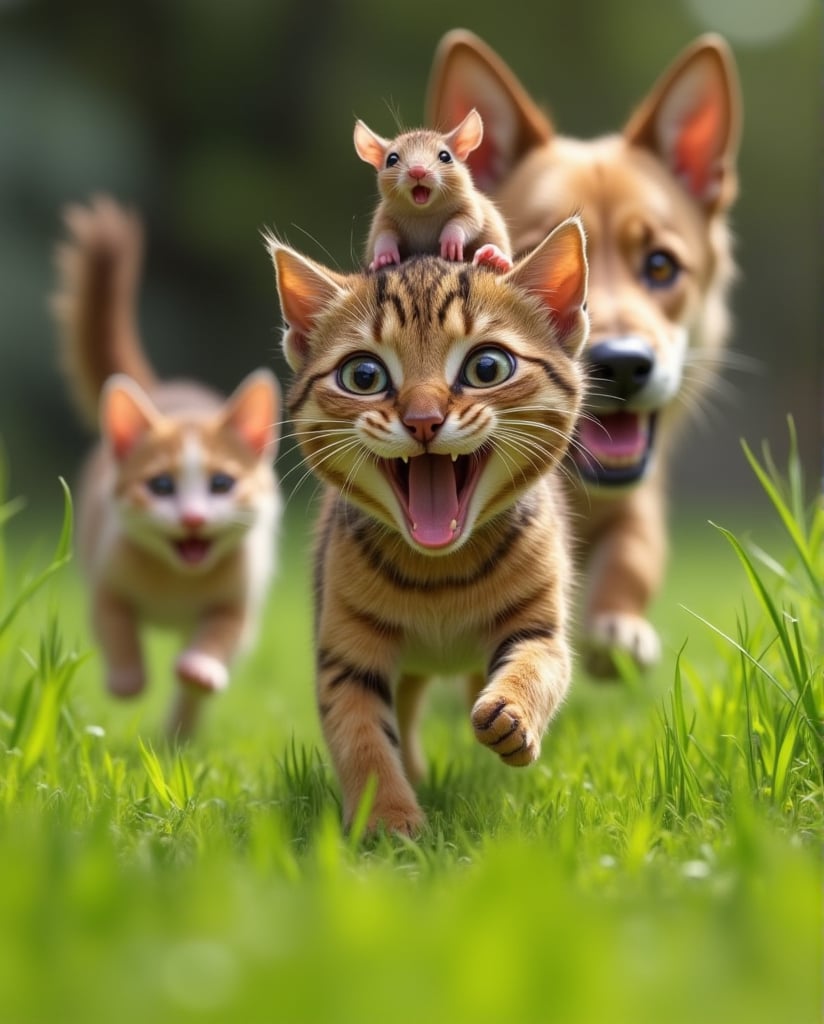  mouse riding on top of a cat, running through the backyard, angry dog chasing behind, dog showing his teeth.
cat and mouse smiling as they run away through the Grass excitedly.